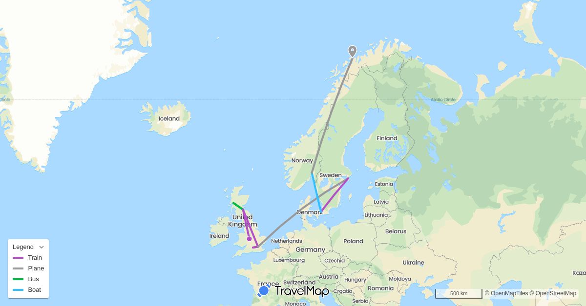 TravelMap itinerary: driving, bus, plane, train, boat in Denmark, United Kingdom, Norway, Sweden (Europe)
